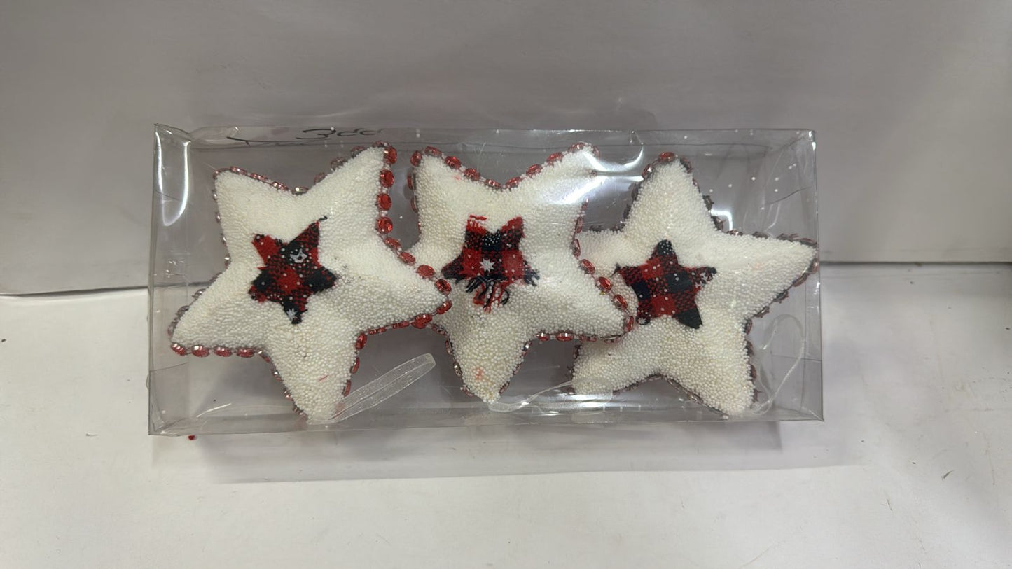 Elegant Christmas Star Trio – White Snow Finish with Red Plaid Center