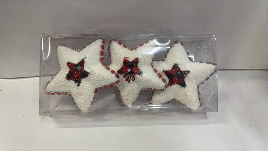 Elegant Christmas Star Trio – White Snow Finish with Red Plaid Center
