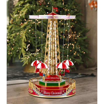 Animated Light-Up Christmas Parachute Drop Tower with Santa & Elf Riders – 44.5 cm Festive Carnival Showpiece