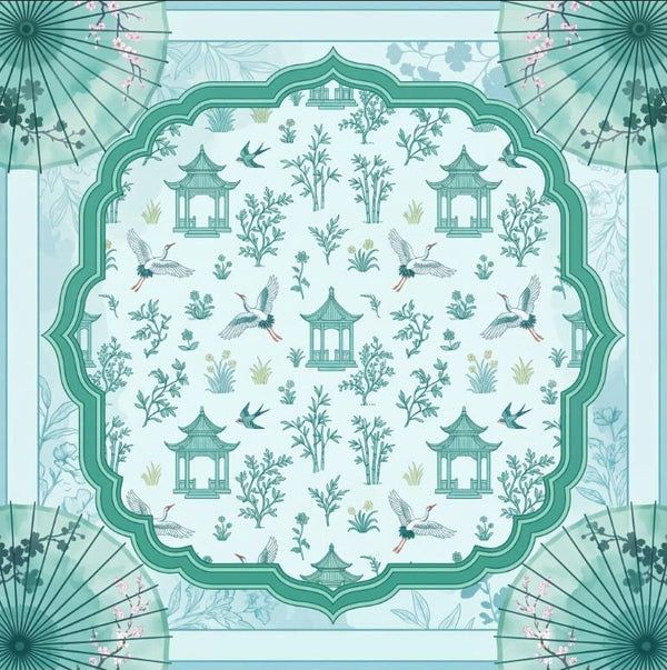 Teal Parasol Crane mahjong mat design with pagoda and crane chinoiserie pattern