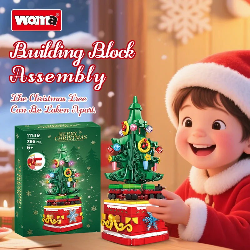 Rotating Christmas Tree Building Set with Lights - 366pcs Holiday Decor Block Set (11149)