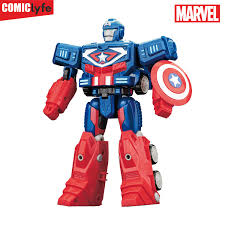 Marvel Comiclyfe Captain America Transforming Mech Suit Truck Avengers Superhero Action Figure Toy Fully Articulated ABS + PV Collectible Super Heroes Robot Toy for Kids (Blue Red)