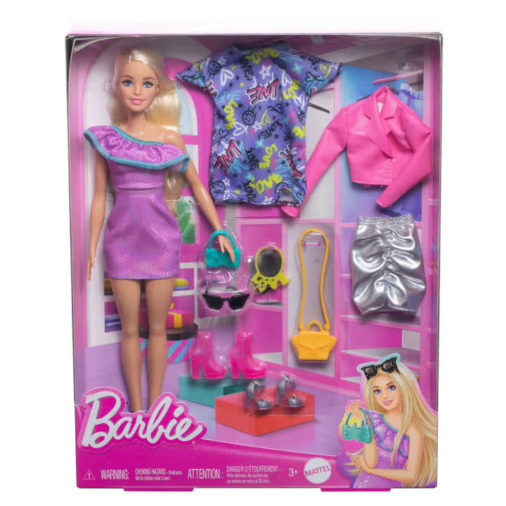 Barbie Fashion Doll With Clothes And Accessories including Party Dresses & Purses (3 Outfits)