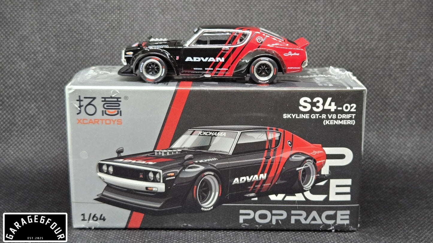 Pop Race 1:64 Nissan Skyline GT-R V8 Drift Kenmeri Advan Livery S34-02