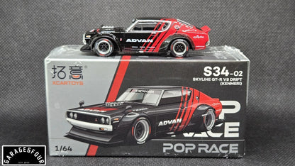 Pop Race 1:64 Nissan Skyline GT-R V8 Drift Kenmeri Advan Livery S34-02