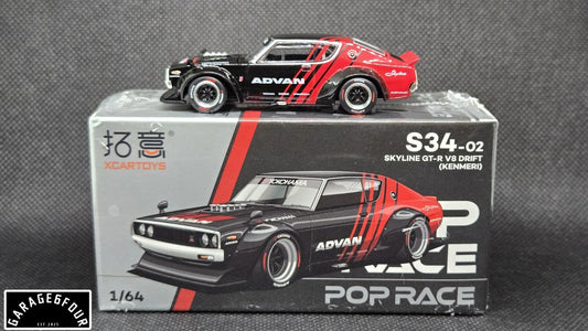 Pop Race 1:64 Nissan Skyline GT-R V8 Drift Kenmeri Advan Livery S34-02