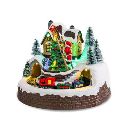 Light-Up Christmas Village with Moving Train & Santa Decorating Tree – Animated Tabletop Showpiece