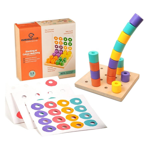 Curious Cub Montessori Stacking and Colour Matching Peg Board, Colour & Pattern Recognition Educational Wooden Toys, 1Y+