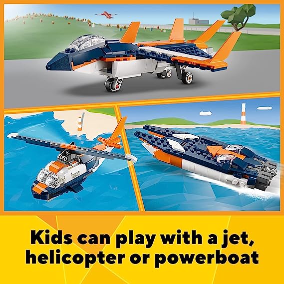 Lego Creator 3in1 Supersonic-Jet 31126 Building Kit; Build a Jet Plane and Rebuild It into a Helicopter or a Speed Boa