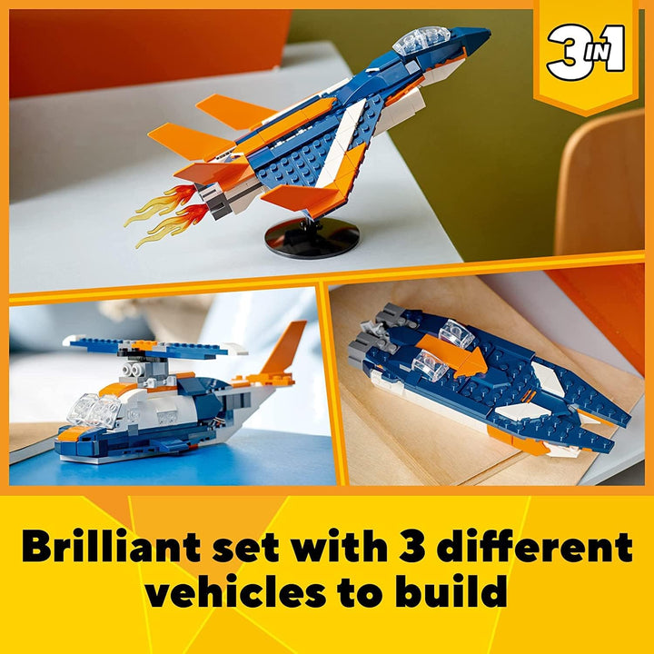 Lego Creator 3in1 Supersonic-Jet 31126 Building Kit; Build a Jet Plane and Rebuild It into a Helicopter or a Speed Boa