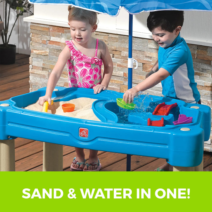 Step2 Cascading Cove Sand & Water Table With Umbrella | Kids Sand & Water Play Table With Umbrella | 6-Pc Accessory Set Included, Blue